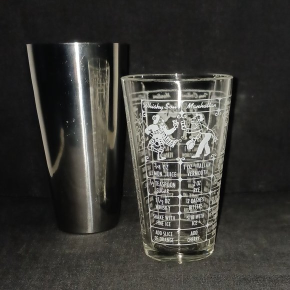 Vintage 1960s MCM Federal Glass Cocktail Shaker Recipes Measure + Chrome Sleeve - Picture 1 of 9